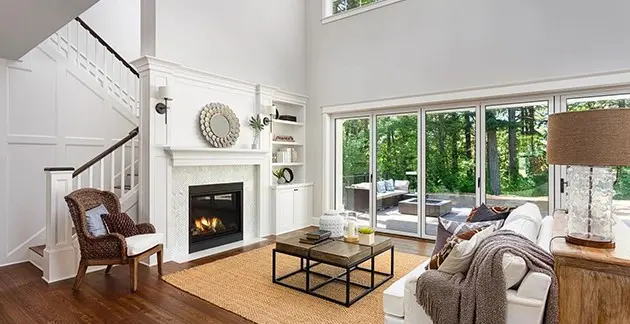 living room with a large glass windows